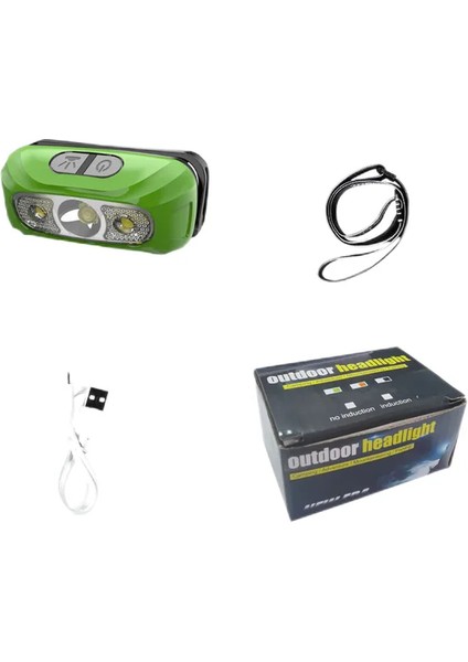 Yeşil Akıllı Indüksiyon USB Şarj Indüksiyon Far LED Kafaya Monte Güçlü Işık Gece Koşu Açık Far (Yurt Dışından)