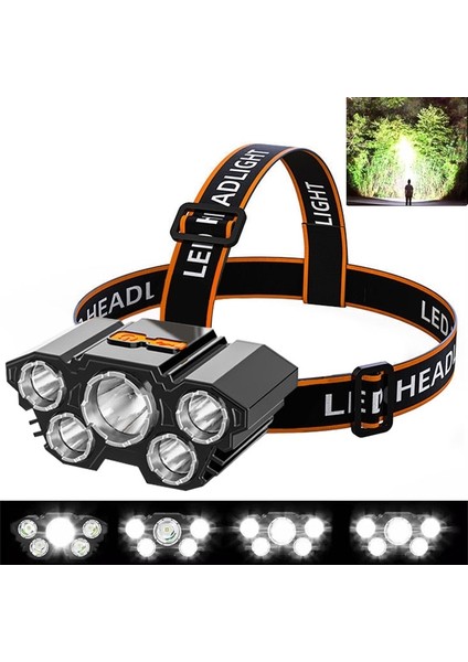 Beş Lamba LED Far El Feneri USB Şarj Aleti 3 Modu Su Geçirmez Ultra Parlak Far Kafa Lambası Bisiklet Fg Kamp (Yurt Dışından)