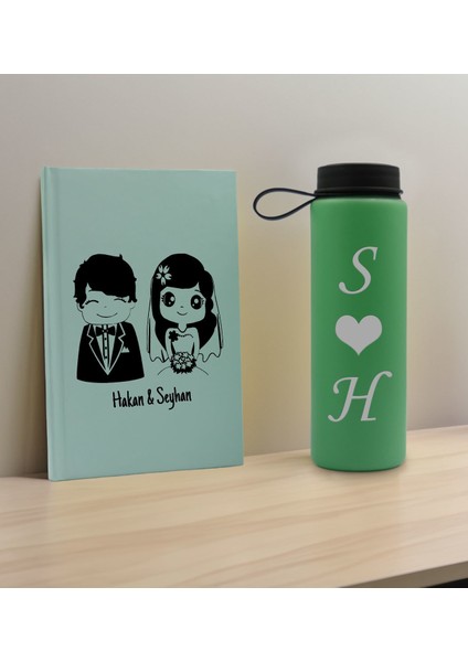 Sevgiliye Özel Isimli Su Yeşili Defter ve Yeşil Cam Matara Hediye Seti-1, Sevgiliye Hediye, Sevgililer Günü, Yeni Iş Hediyesi