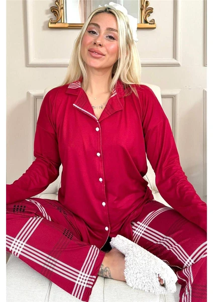 Pijama Evi Bordo Ekose Desenli Bambu Önden Düğmeli Uzun Kol Kadın Pijama Takımı