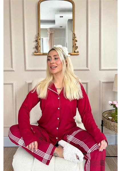 Bordo Ekose Desenli Bambu Önden Düğmeli Uzun Kol Kadın Pijama Takımı fiyatları