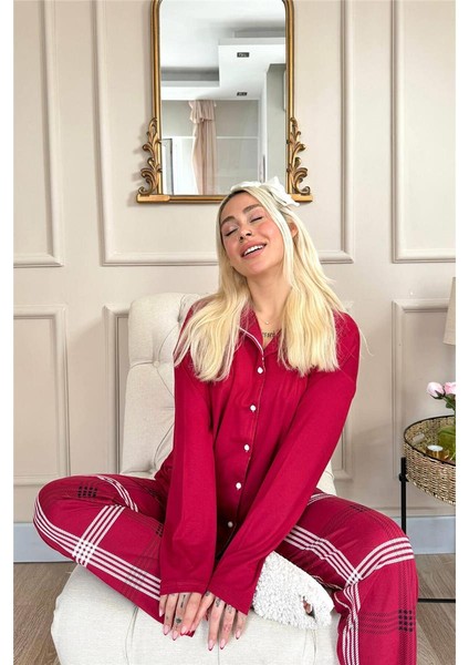 Bordo Ekose Desenli Bambu Önden Düğmeli Uzun Kol Kadın Pijama Takımı modelleri