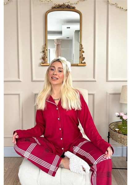 Bordo Ekose Desenli Bambu Önden Düğmeli Uzun Kol Kadın Pijama Takımı fırsatları