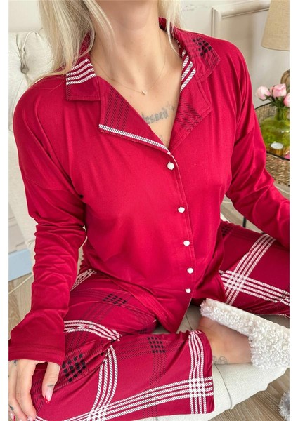 Bordo Ekose Desenli Bambu Önden Düğmeli Uzun Kol Kadın Pijama Takımı indirimleri