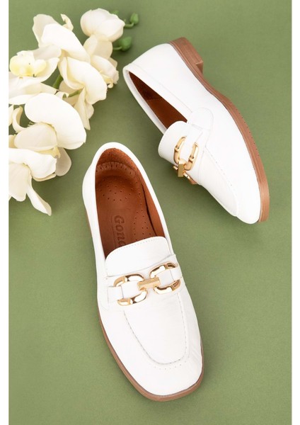 Deri Kadın Köşeli Burun Loafer ESL.B06 - Beyaz - 39