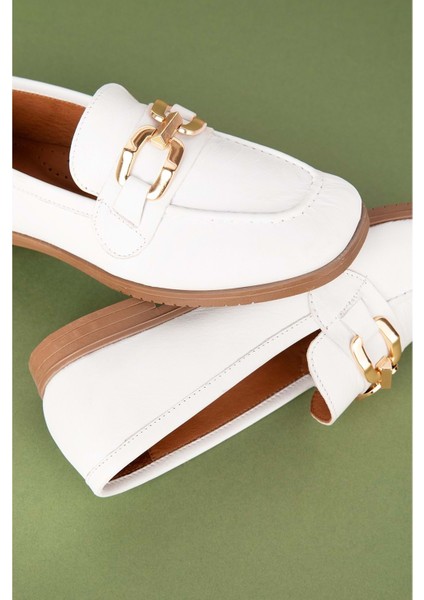 Deri Kadın Köşeli Burun Loafer ESL.B06 - Beyaz - 39 indirimleri