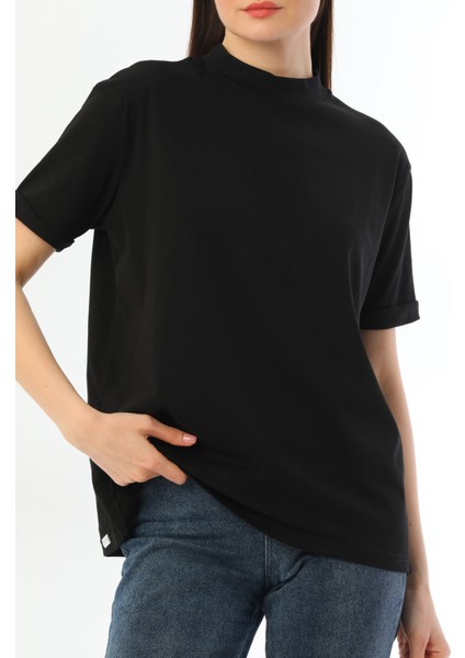 Siyah 2'li Paket Dik Yaka Rahat Kalıp Pamuk T-Shirt modelleri