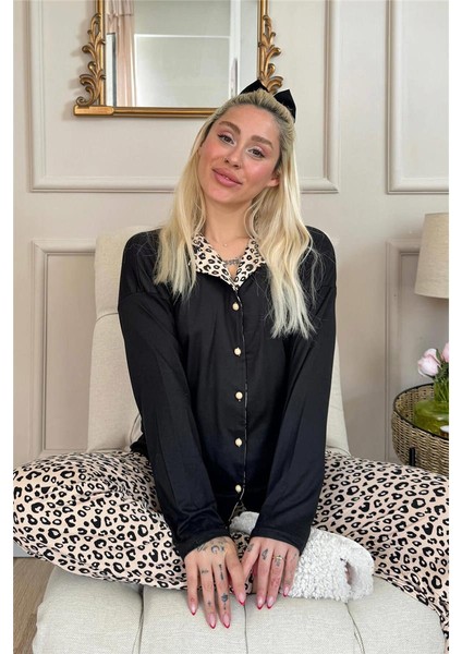 Siyah Pars Desenli Bambu Önden Düğmeli Uzun Kol Kadın Pijama Takımı fiyatları