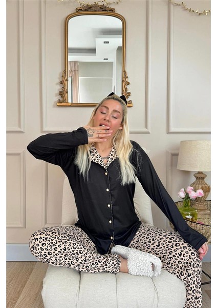 Siyah Pars Desenli Bambu Önden Düğmeli Uzun Kol Kadın Pijama Takımı modelleri