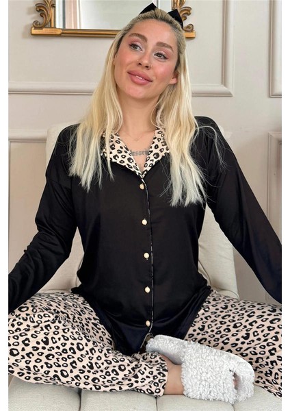 Siyah Pars Desenli Bambu Önden Düğmeli Uzun Kol Kadın Pijama Takımı