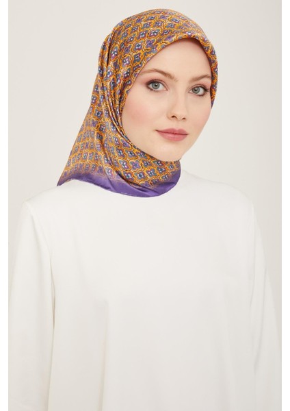 Eflatun - Turuncu Mini Çiçek Desen Sura İpek Eşarp 9134 - 33 indirimleri