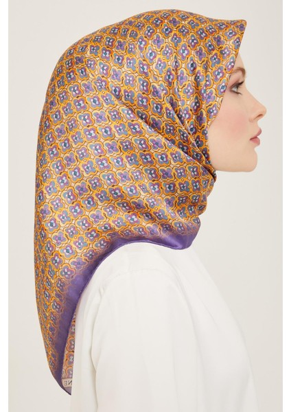 Eflatun - Turuncu Mini Çiçek Desen Sura İpek Eşarp 9134 - 33