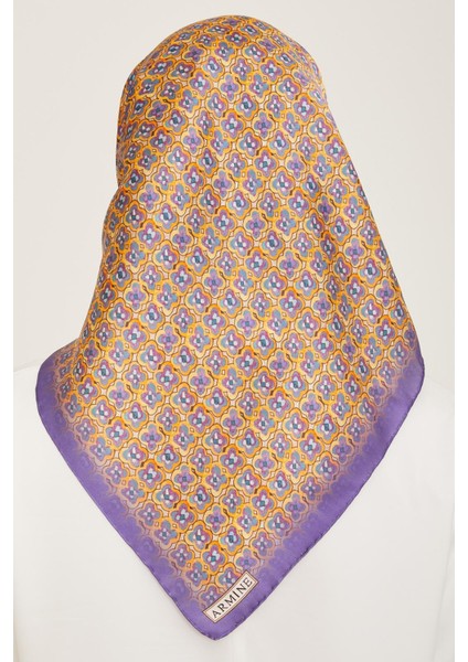 Eflatun - Turuncu Mini Çiçek Desen Sura İpek Eşarp 9134 - 33