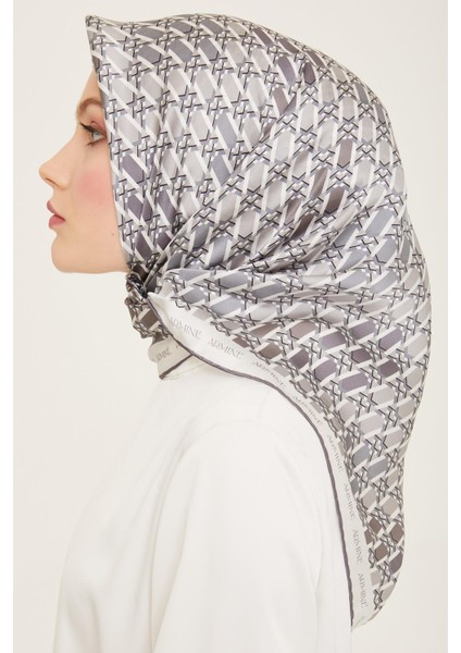 Beyaz - Gri Geometrik Desen Tivil İpek Eşarp 9144 - 04 modelleri