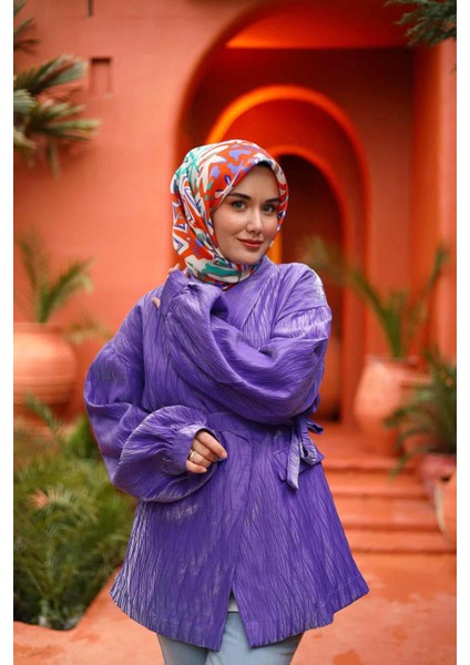 Silk Home Turuncu Mor Karma Desen Tivil Ipek Eşarp 11427-27