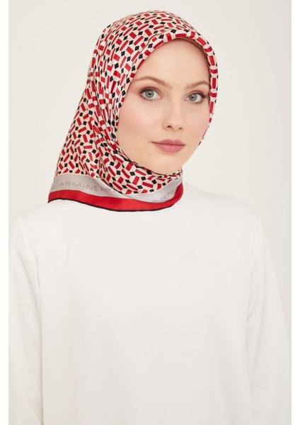 Siyah - Kırmızı Geometrik Desen Tivil İpek Eşarp 9151 - 31