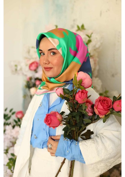 Yeşil Pembe Karma Desen Tivil İpek Eşarp 11425-03