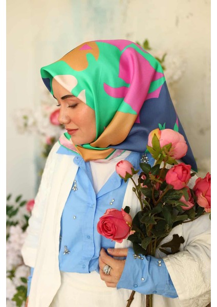 Yeşil Pembe Karma Desen Tivil İpek Eşarp 11425-03 modelleri