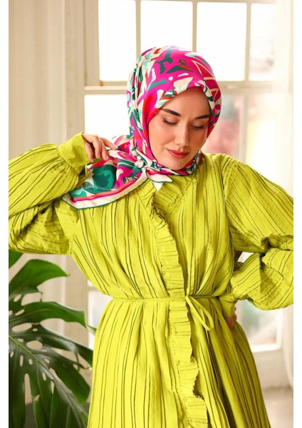 Silk Home Fuşya Yeşil Karma Desen Tivil Ipek Eşarp 11427-38