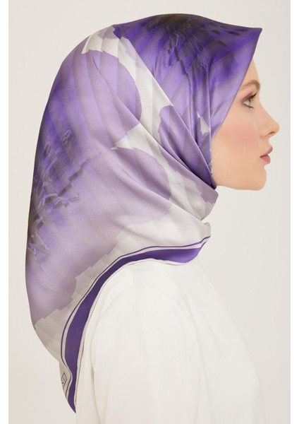 Mor Çiçek Desen Tivil İpek Eşarp 9100 - 08