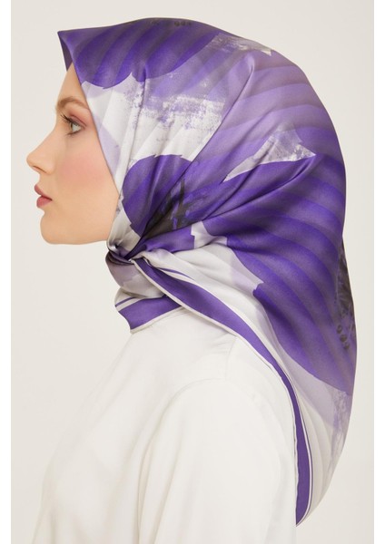 Mor Çiçek Desen Tivil İpek Eşarp 9100 - 08