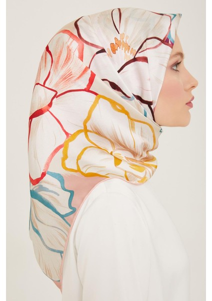 Pudra Çiçek Desen Tivil İpek Eşarp 9110 - 08