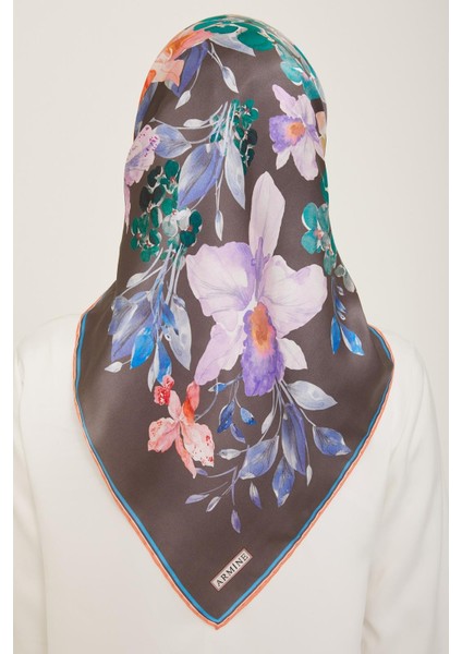 Nar Çiçeği - Antrasit Gri Çiçek Desen Tivil İpek Eşarp 9127 - 51 fırsatları