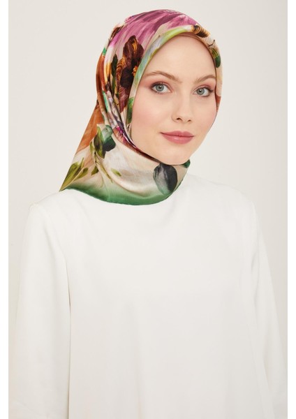 Yeşil - Kahverengi Çiçek Desen Tivil İpek Eşarp 9133 - 03