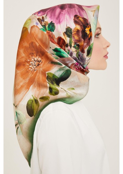 Yeşil - Kahverengi Çiçek Desen Tivil İpek Eşarp 9133 - 03 fiyatları