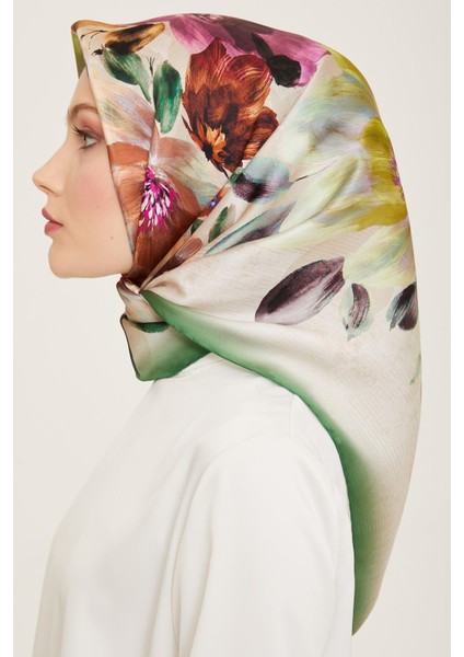 Yeşil - Kahverengi Çiçek Desen Tivil İpek Eşarp 9133 - 03 modelleri