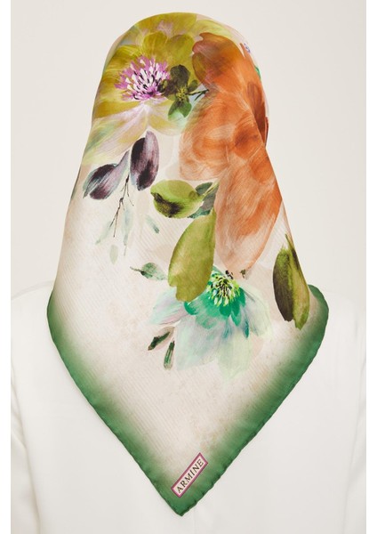 Yeşil - Kahverengi Çiçek Desen Tivil İpek Eşarp 9133 - 03 fırsatları