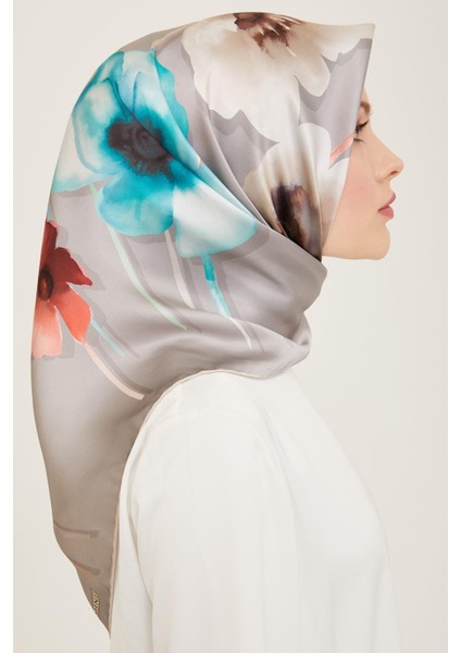 Gri Çiçek Desen Tivil İpek Eşarp 9105 - 82 fiyatları