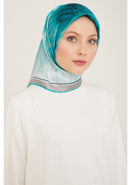 Su Yeşil Çiçek Desen Tivil İpek Eşarp 9100 - 34