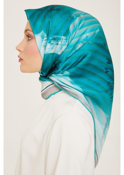 Su Yeşil Çiçek Desen Tivil İpek Eşarp 9100 - 34 modelleri