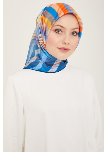 Mavi - Turuncu Çizgi Desen Tivil İpek Eşarp 9107 - 06 indirimleri