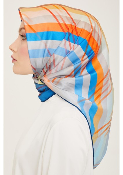 Mavi - Turuncu Çizgi Desen Tivil İpek Eşarp 9107 - 06