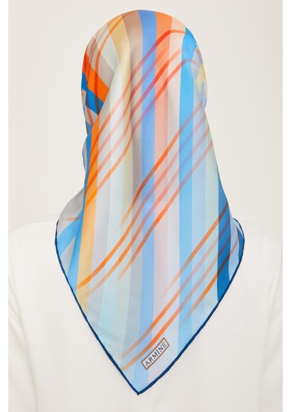 Mavi - Turuncu Çizgi Desen Tivil İpek Eşarp 9107 - 06