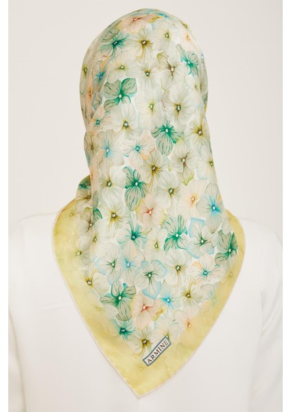 Soft Yeşil Çiçek Desen Tivil İpek Eşarp 9108 - 02