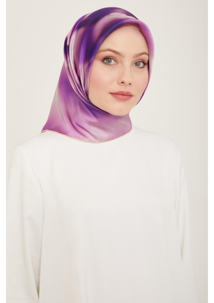 Lila - Cappucino Geçişli Çiçek Desen Tivil İpek Eşarp 9124 - 35