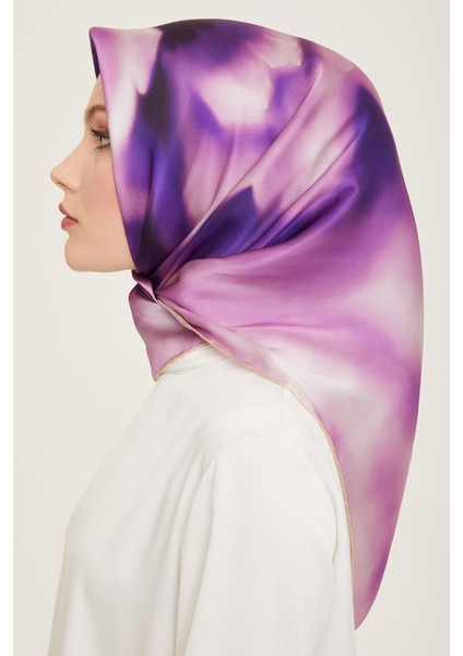 Lila - Cappucino Geçişli Çiçek Desen Tivil İpek Eşarp 9124 - 35 modelleri