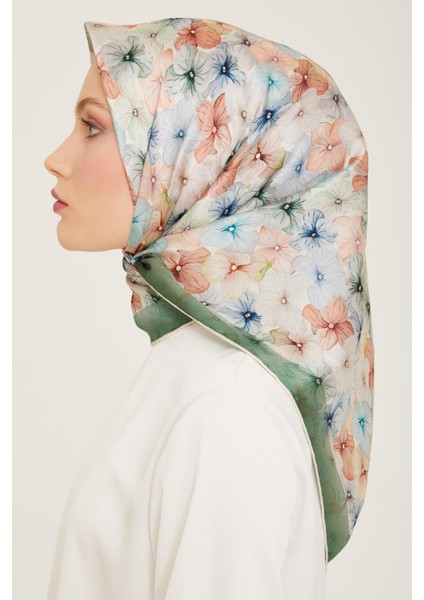 Yeşil Çiçek Desen Tivil İpek Eşarp 9108 - 84 modelleri