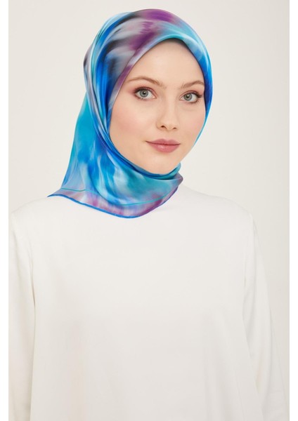 Mavi Mor Batik Desen Tivil İpek Eşarp 9136-03