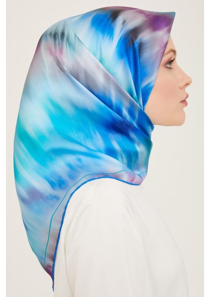 Mavi Mor Batik Desen Tivil İpek Eşarp 9136-03