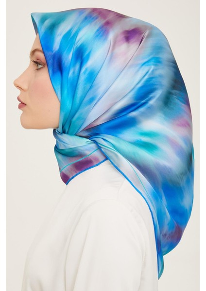 Mavi Mor Batik Desen Tivil İpek Eşarp 9136-03