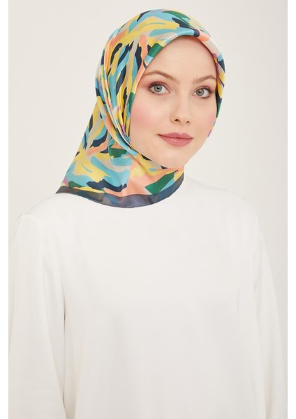 Sarı - Somon Karma Desen Tivil İpek Eşarp 9140 - 84