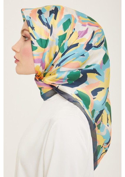 Sarı - Somon Karma Desen Tivil İpek Eşarp 9140 - 84 modelleri