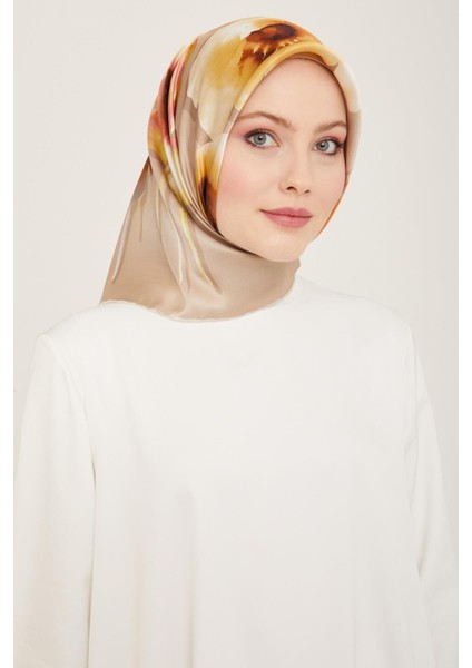 Koyu Taş Çiçek Desen Tivil İpek Eşarp 9105 - 33