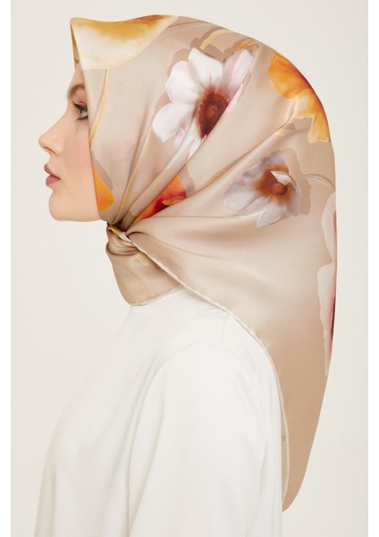 Koyu Taş Çiçek Desen Tivil İpek Eşarp 9105 - 33 modelleri