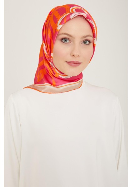 Turuncu - Pembe Çiçek Desen Tivil İpek Eşarp 9123 - 85 indirimleri