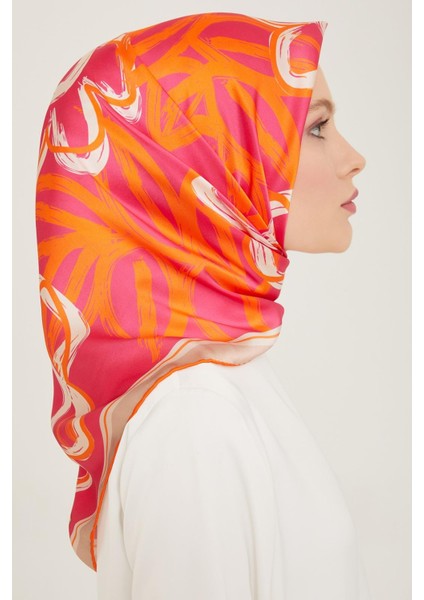 Turuncu - Pembe Çiçek Desen Tivil İpek Eşarp 9123 - 85